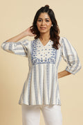 W for Woman Ecru Peplum Top In Blue Print | Grocsy