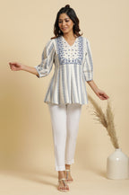 W for Woman Ecru Peplum Top In Blue Print | Grocsy