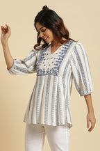 W for Woman Ecru Peplum Top In Blue Print | Grocsy