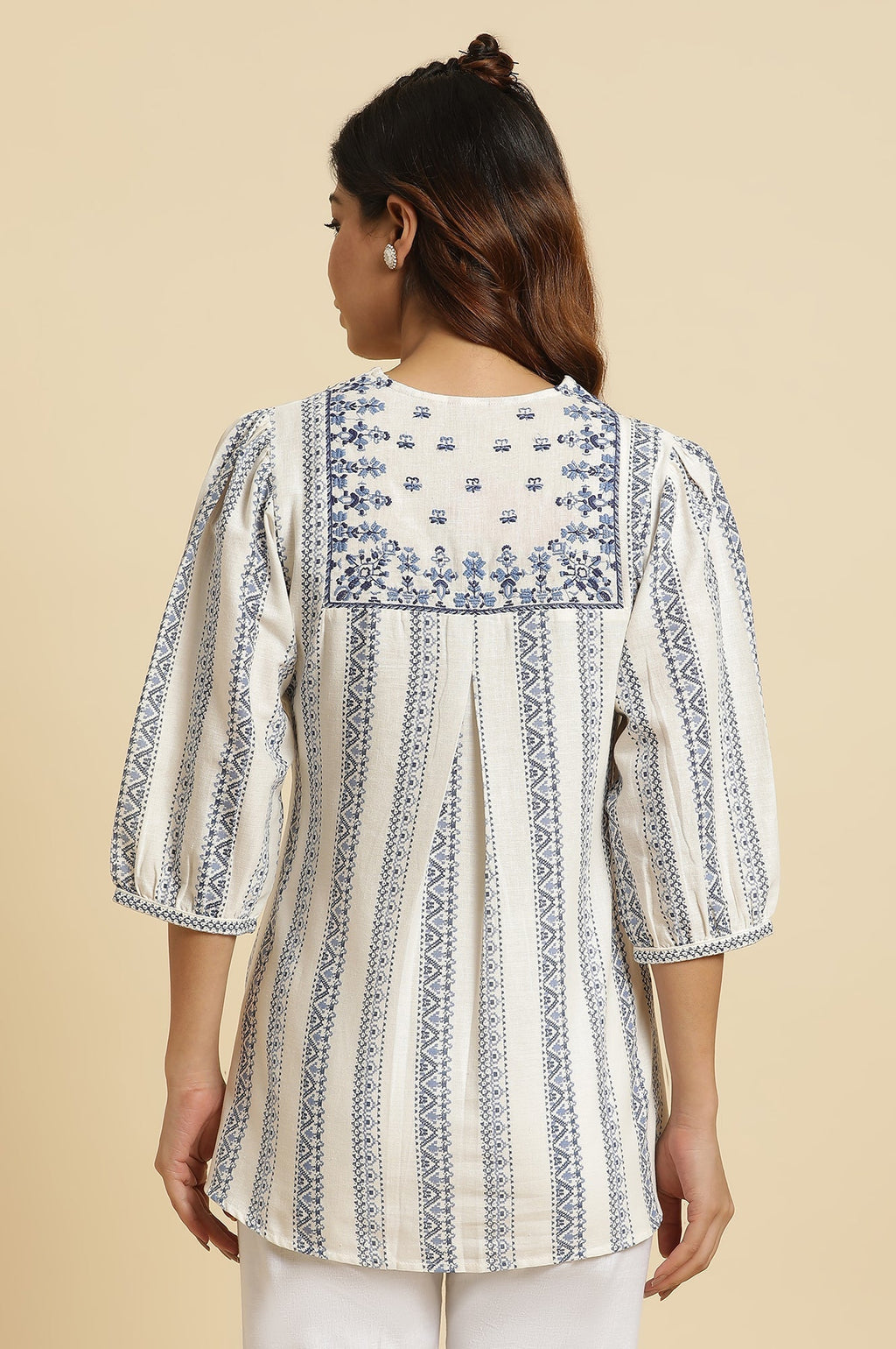 W for Woman Ecru Peplum Top In Blue Print | Grocsy