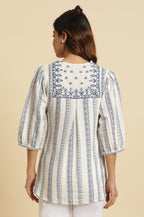 W for Woman Ecru Peplum Top In Blue Print | Grocsy