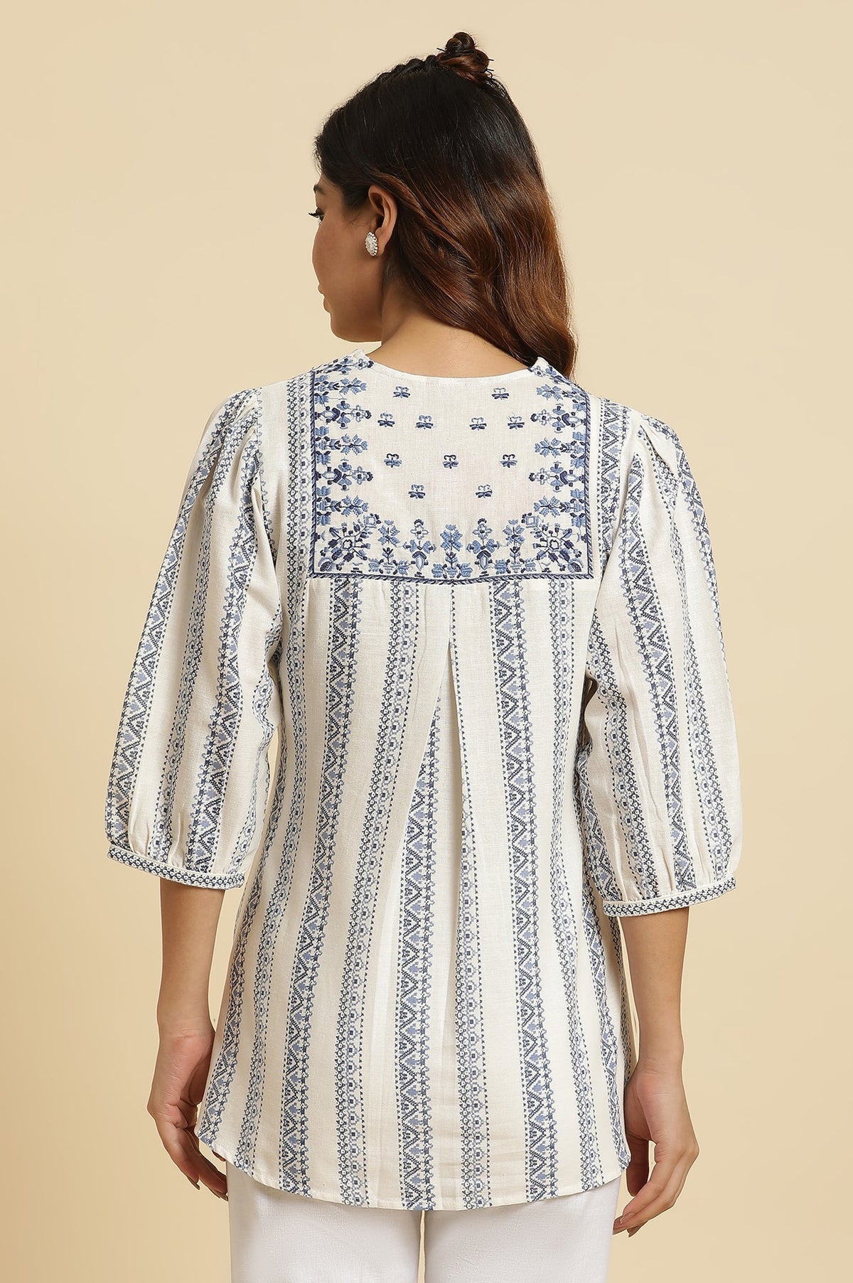 W for Woman Ecru Peplum Top In Blue Print | Grocsy