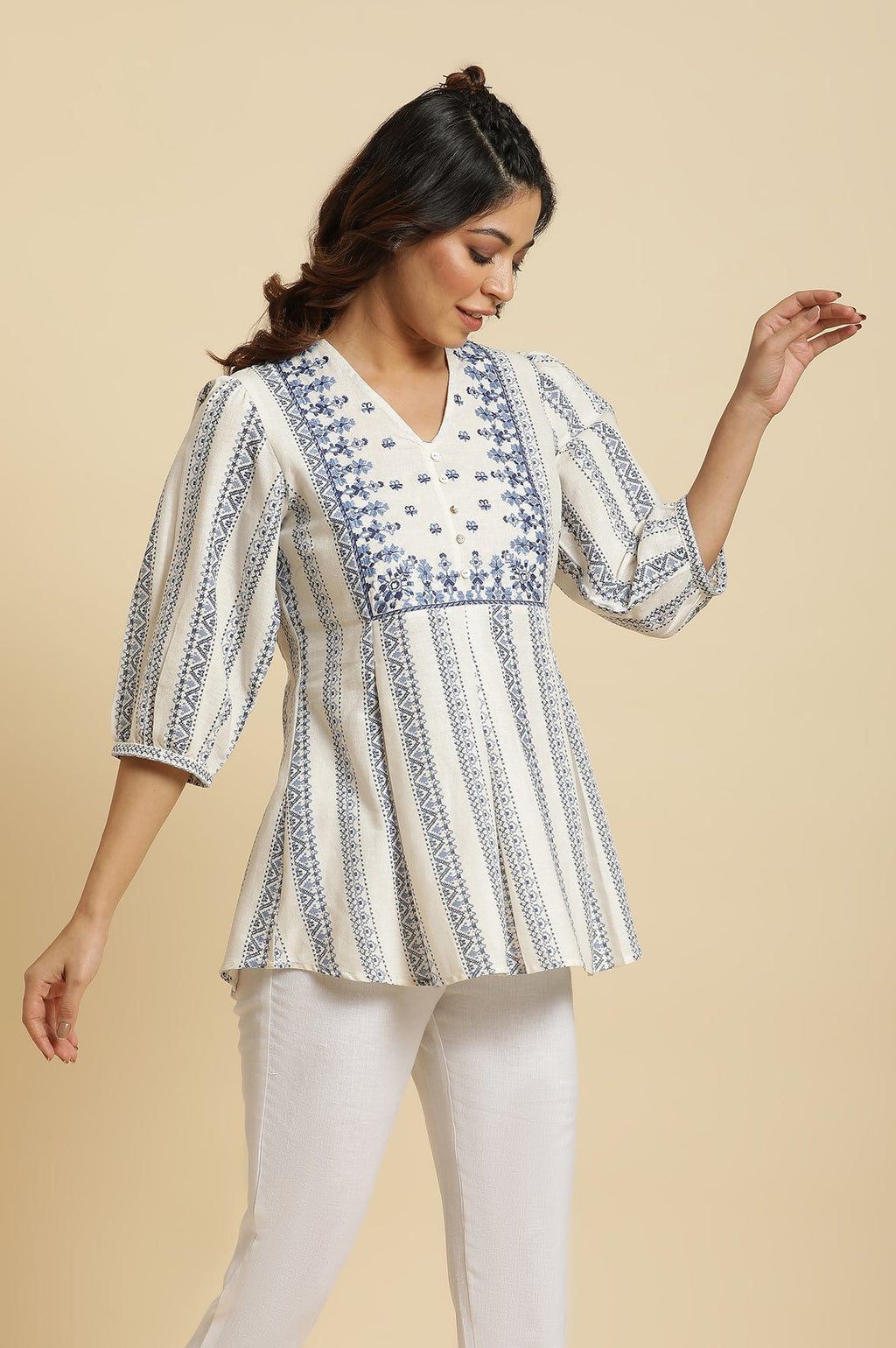W for Woman Ecru Peplum Top In Blue Print | Grocsy