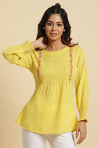 W for Woman Yellow Embroidered Pintuck Top | Grocsy