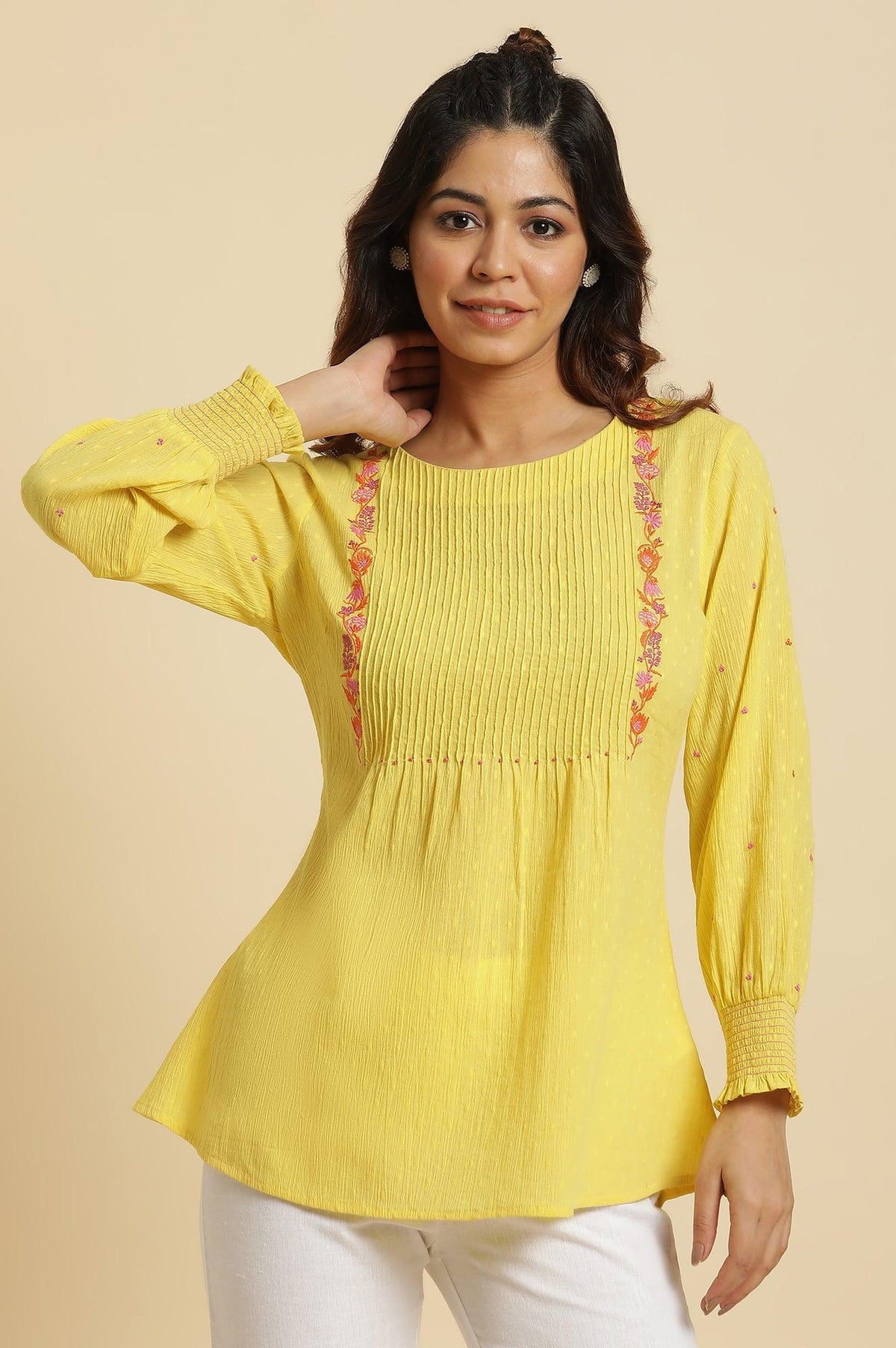 W for Woman Yellow Embroidered Pintuck Top | Grocsy