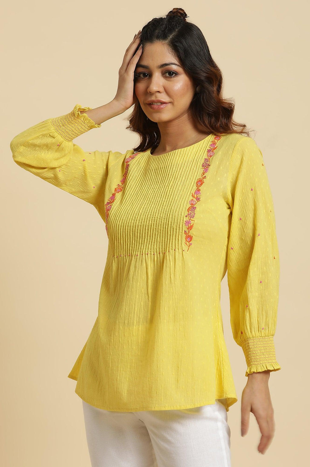 W for Woman Yellow Embroidered Pintuck Top | Grocsy