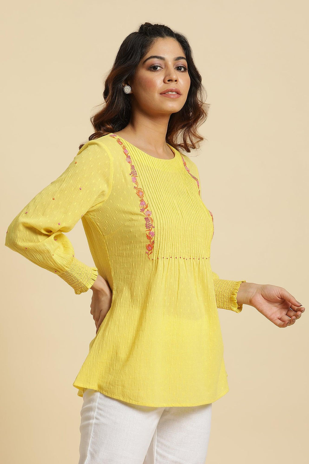 W for Woman Yellow Embroidered Pintuck Top | Grocsy