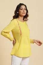 W for Woman Yellow Embroidered Pintuck Top | Grocsy