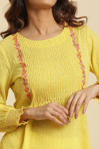 W for Woman Yellow Embroidered Pintuck Top | Grocsy