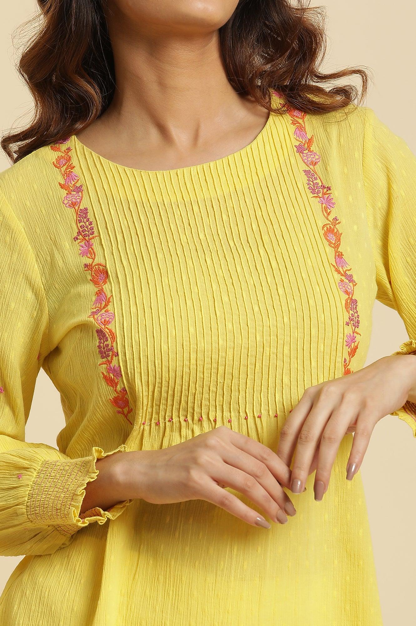 W for Woman Yellow Embroidered Pintuck Top | Grocsy