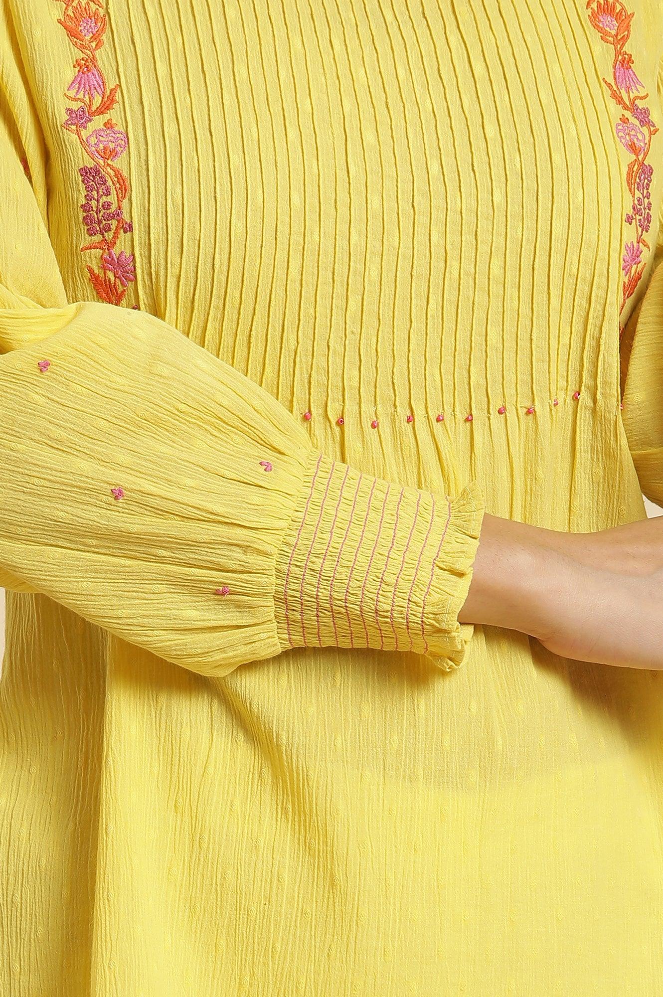 W for Woman Yellow Embroidered Pintuck Top | Grocsy
