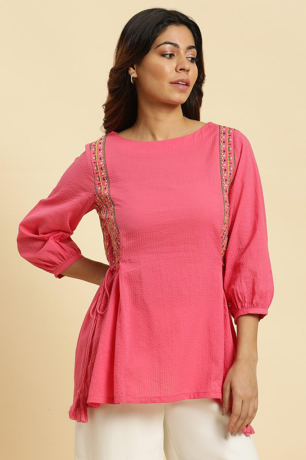 W for Woman Pink Embroidered Solid Side Tie-Up Straight Top | Grocsy