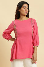 W for Woman Pink Embroidered Solid Side Tie-Up Straight Top | Grocsy