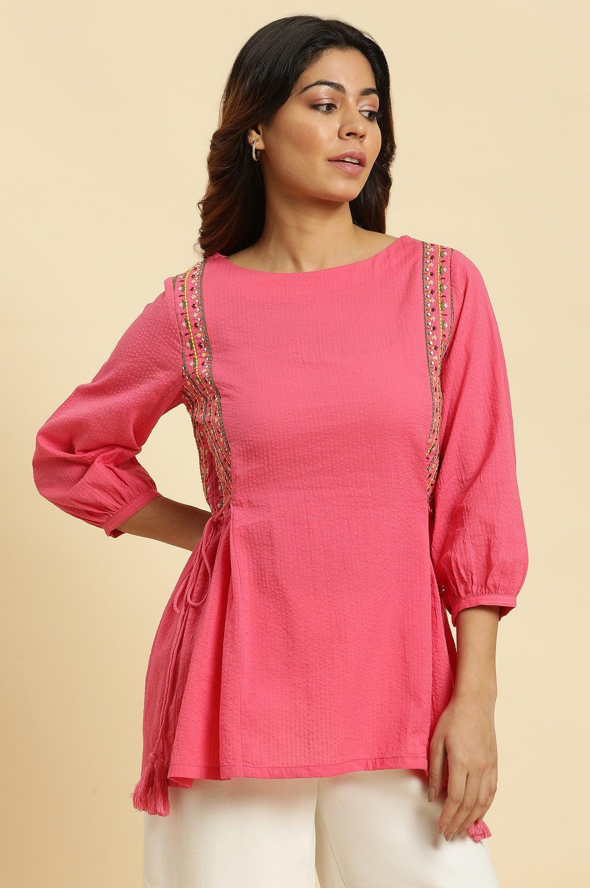 W for Woman Pink Embroidered Solid Side Tie-Up Straight Top | Grocsy