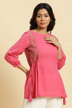 W for Woman Pink Embroidered Solid Side Tie-Up Straight Top | Grocsy