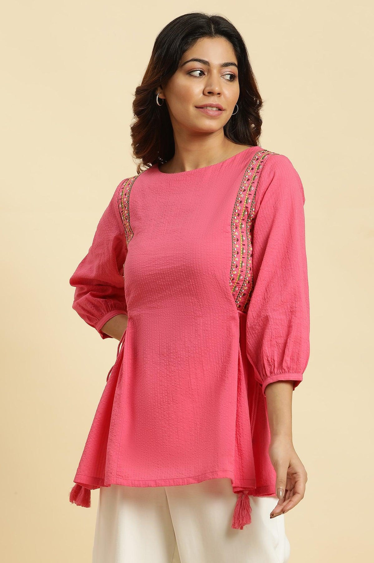 W for Woman Pink Embroidered Solid Side Tie-Up Straight Top | Grocsy