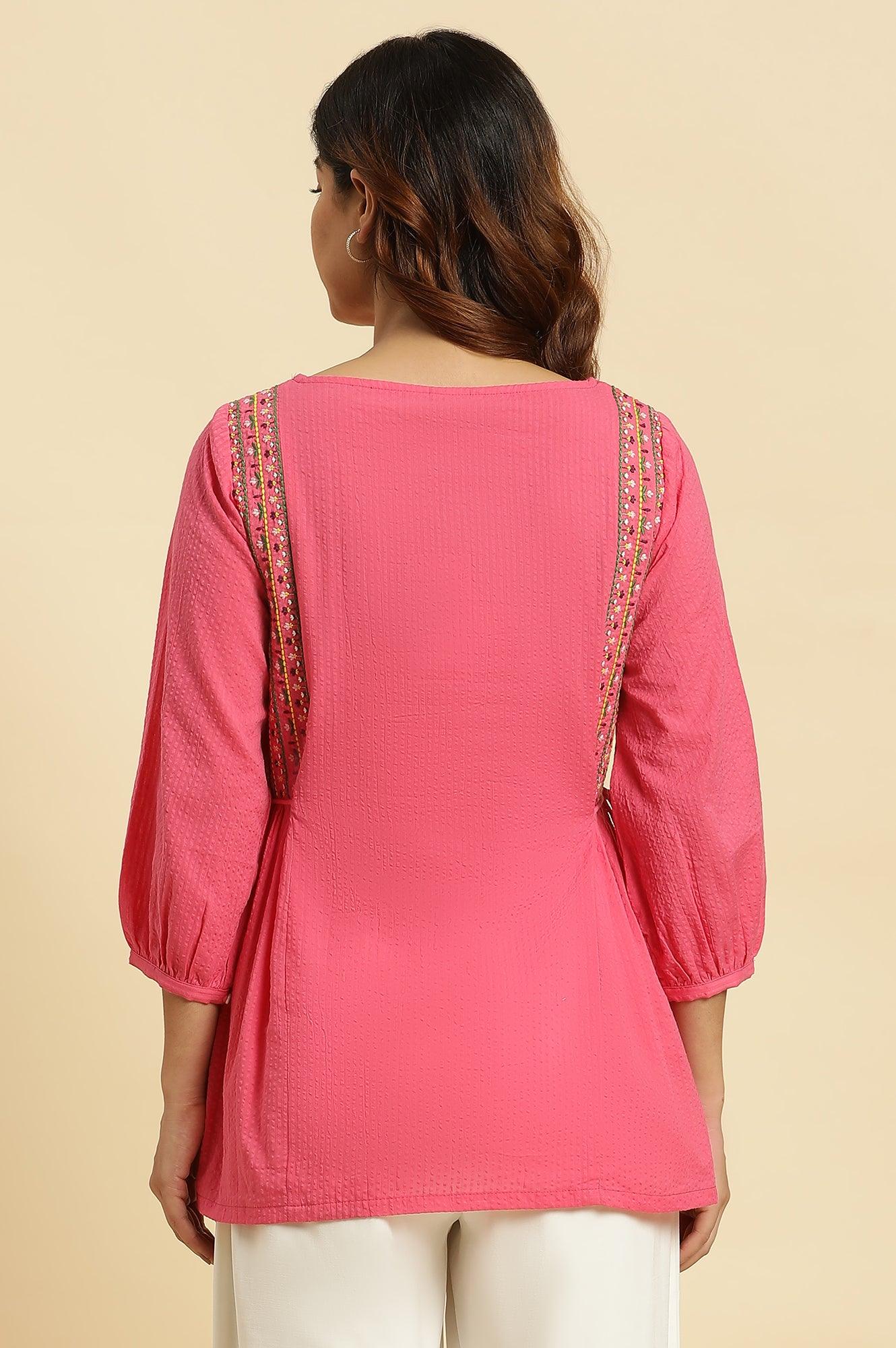 W for Woman Pink Embroidered Solid Side Tie-Up Straight Top | Grocsy
