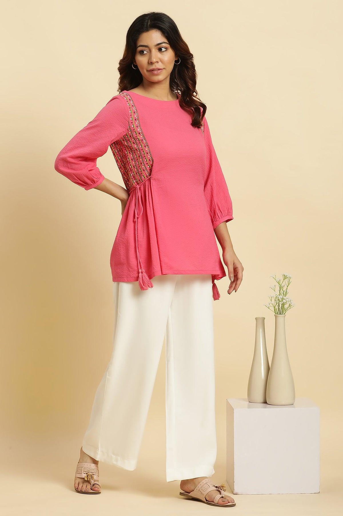 W for Woman Pink Embroidered Solid Side Tie-Up Straight Top | Grocsy