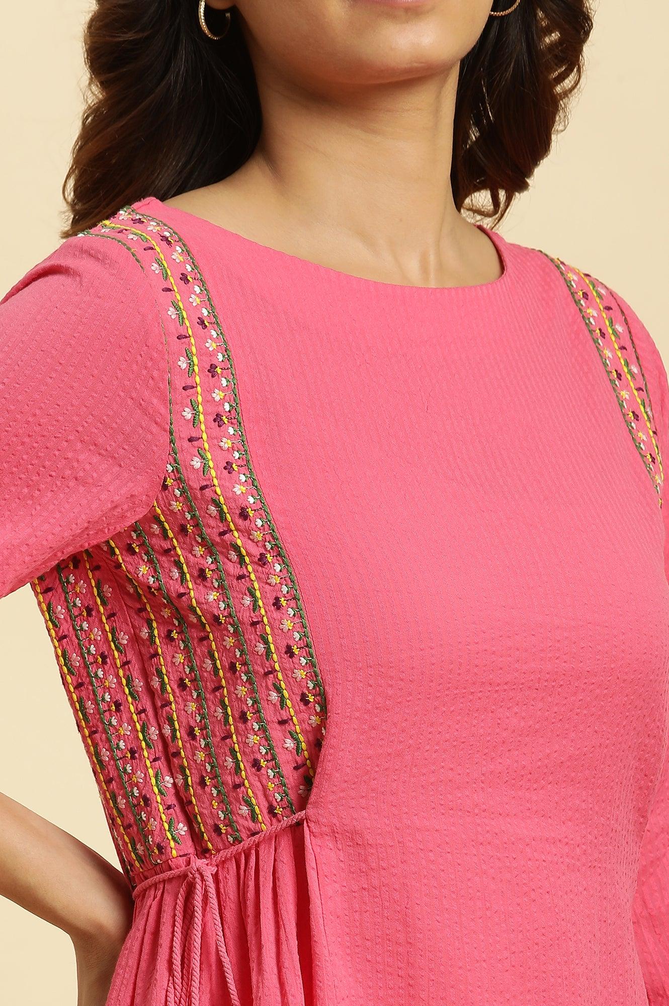 W for Woman Pink Embroidered Solid Side Tie-Up Straight Top | Grocsy