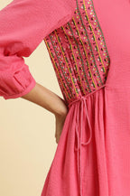 W for Woman Pink Embroidered Solid Side Tie-Up Straight Top | Grocsy