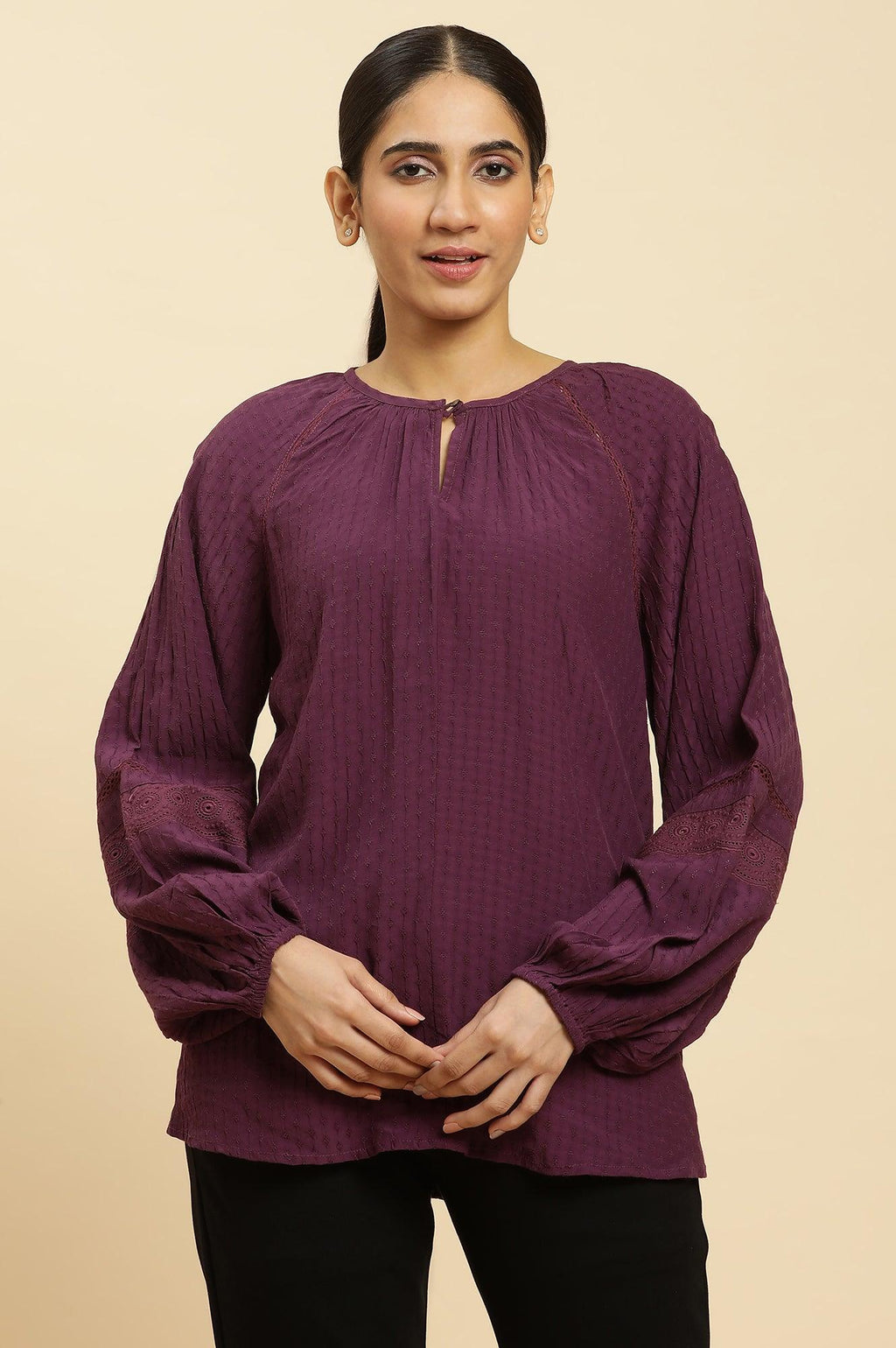W for Woman Purple Swiss Dot Gathered Sleeves Western Top | Grocsy