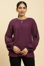 W for Woman Purple Swiss Dot Gathered Sleeves Western Top | Grocsy