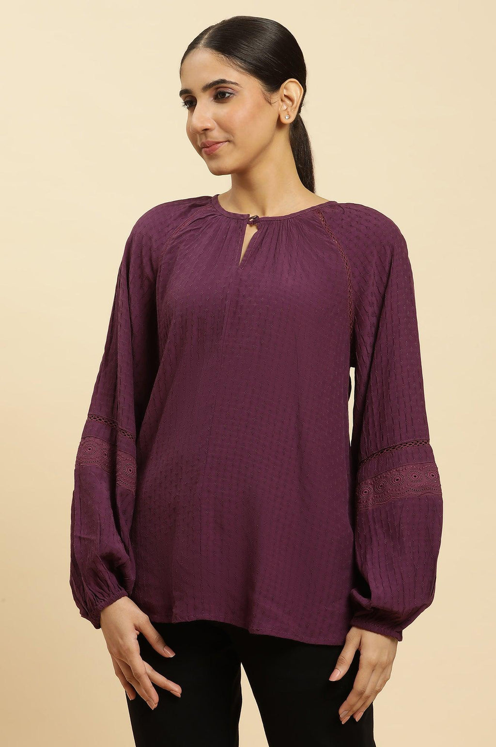 W for Woman Purple Swiss Dot Gathered Sleeves Western Top | Grocsy