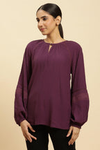 W for Woman Purple Swiss Dot Gathered Sleeves Western Top | Grocsy