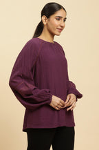 W for Woman Purple Swiss Dot Gathered Sleeves Western Top | Grocsy