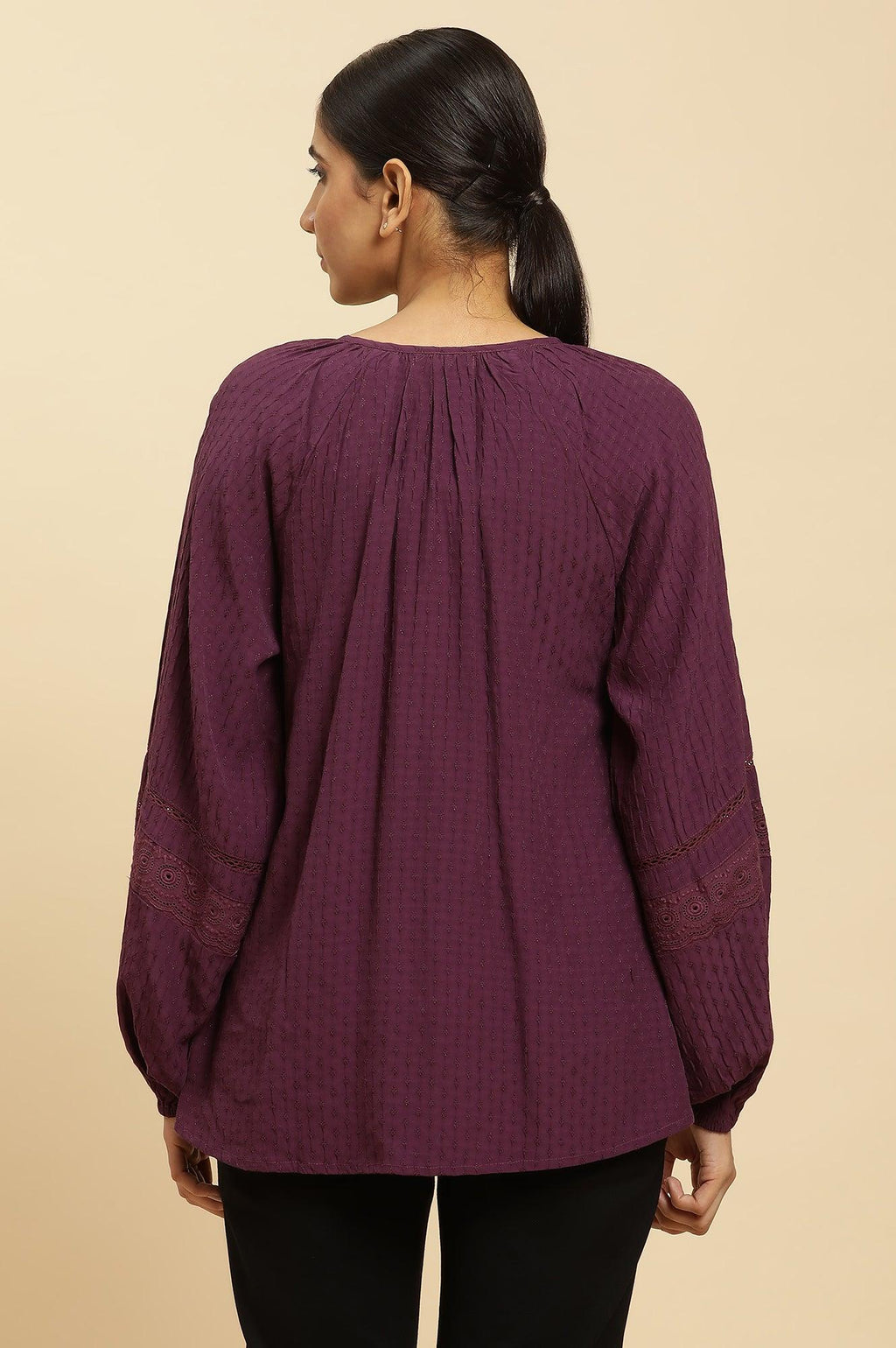 W for Woman Purple Swiss Dot Gathered Sleeves Western Top | Grocsy