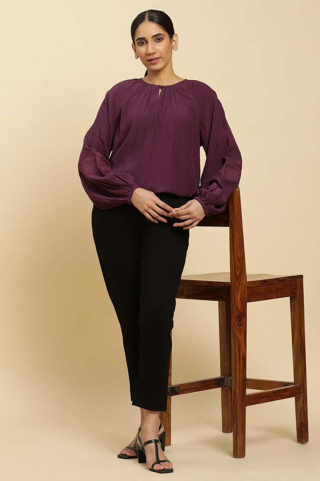 W for Woman Purple Swiss Dot Gathered Sleeves Western Top | Grocsy