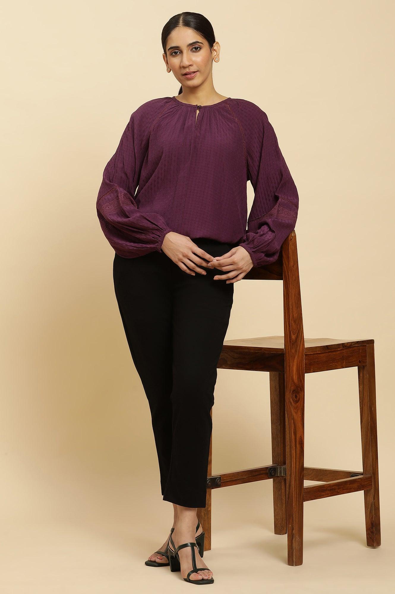 W for Woman Purple Swiss Dot Gathered Sleeves Western Top | Grocsy