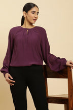 W for Woman Purple Swiss Dot Gathered Sleeves Western Top | Grocsy