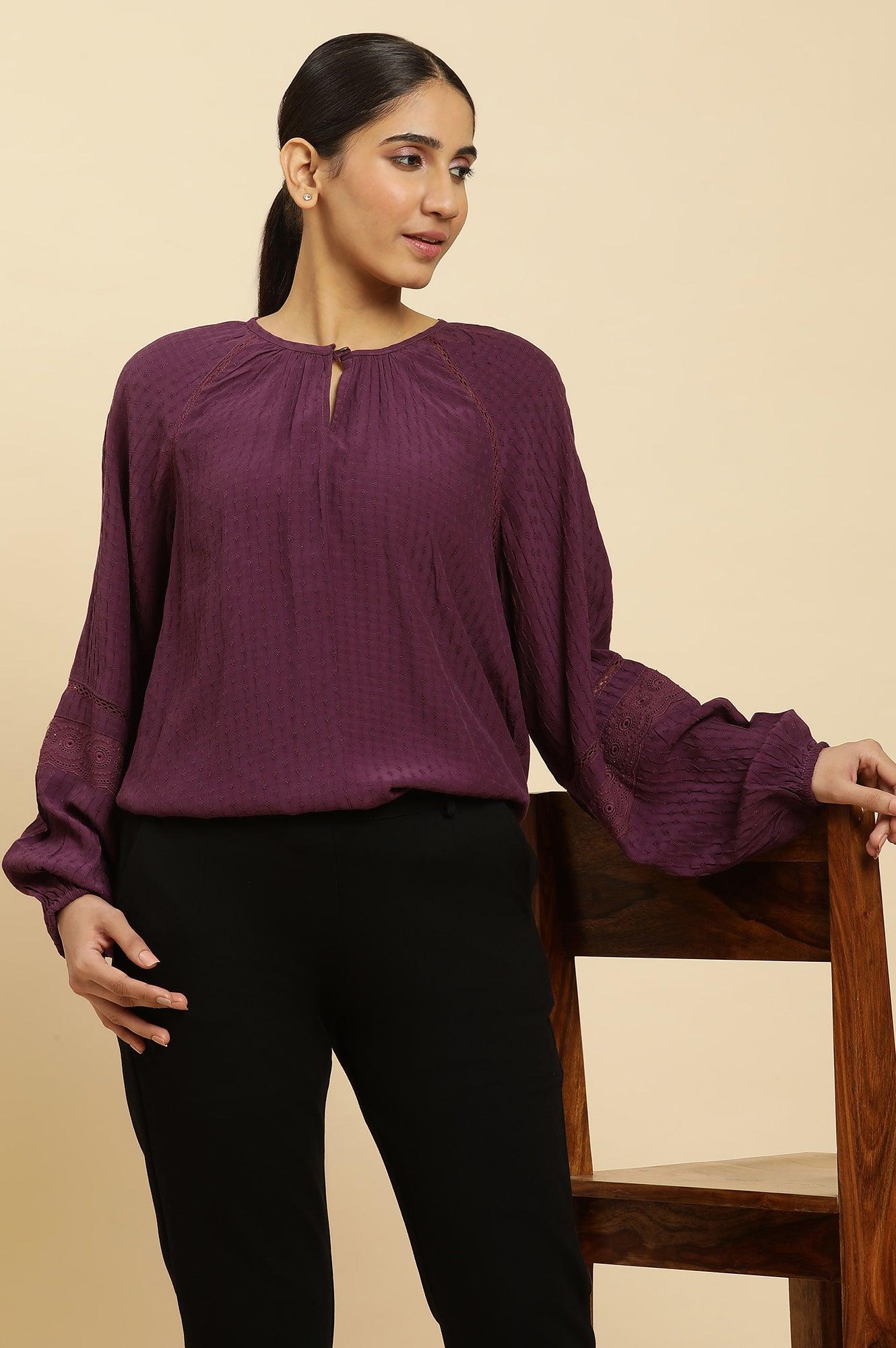 W for Woman Purple Swiss Dot Gathered Sleeves Western Top | Grocsy