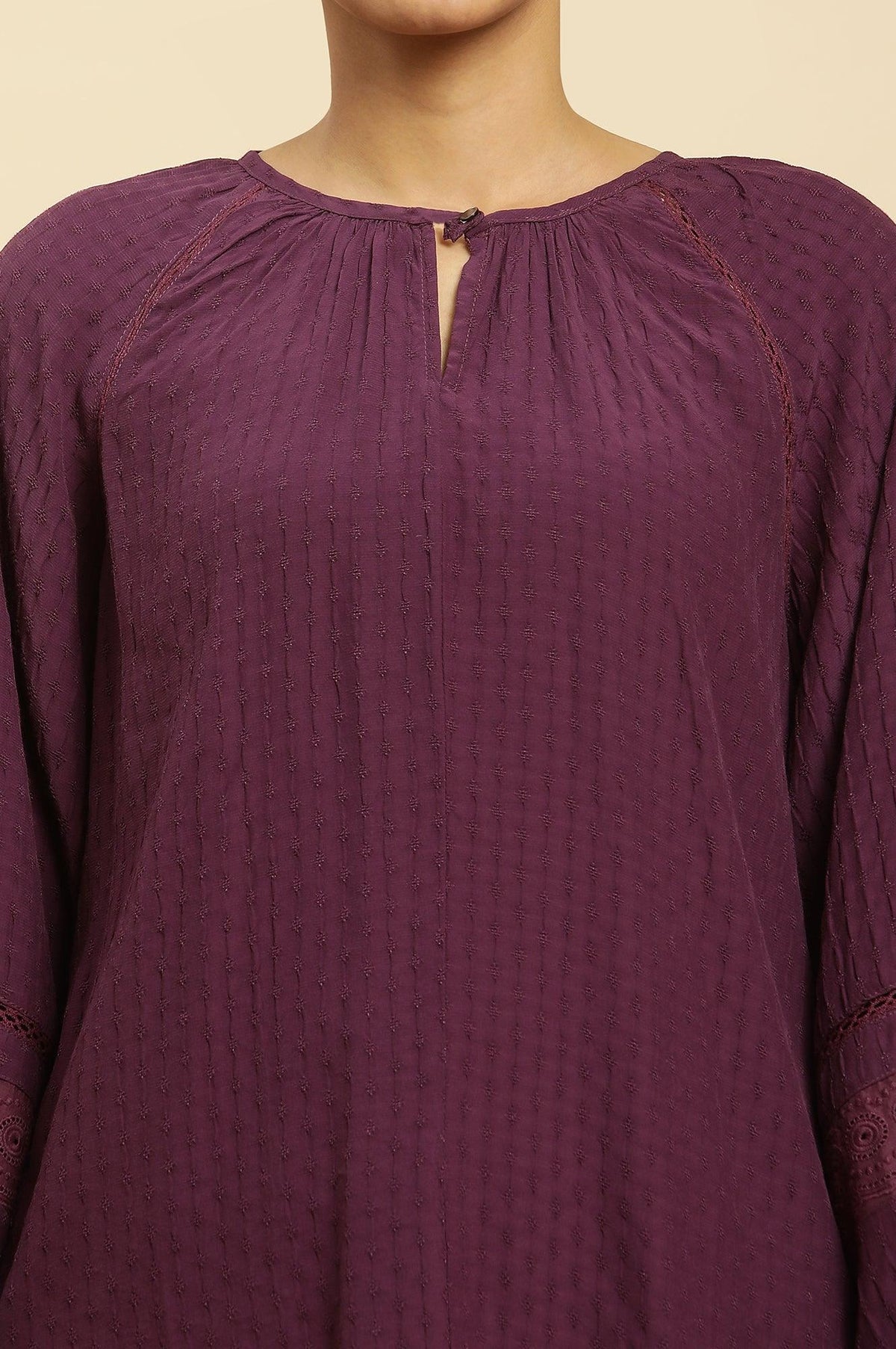 W for Woman Purple Swiss Dot Gathered Sleeves Western Top | Grocsy