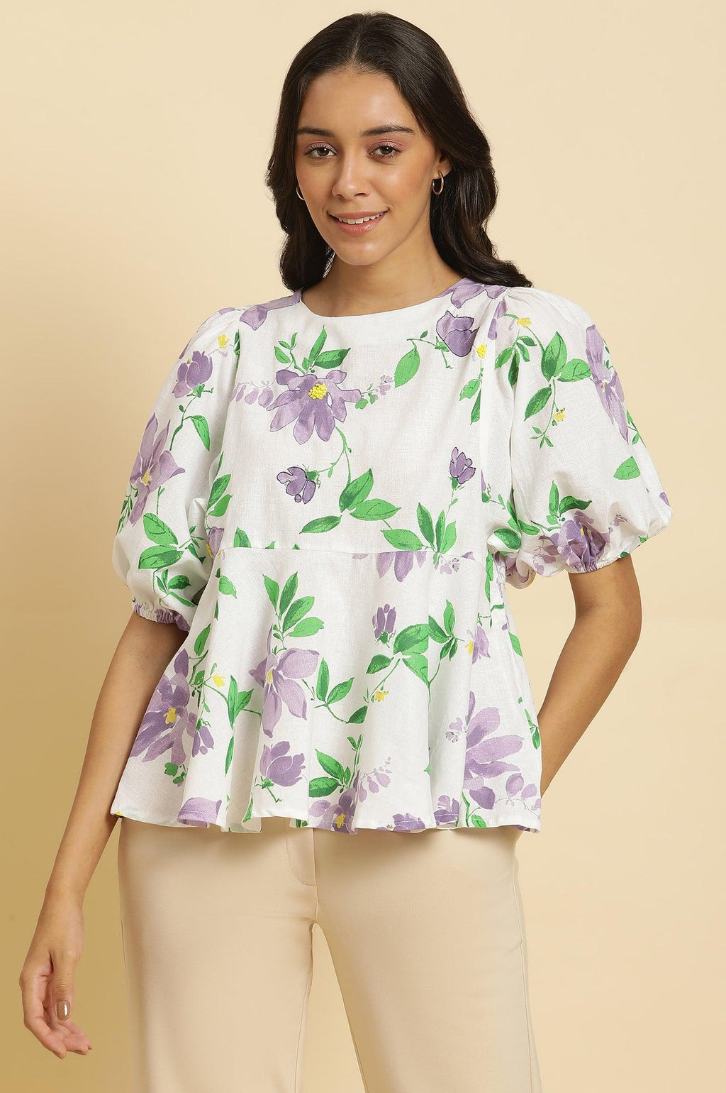 W for Woman Ecru Floral Printed Peplum Top | Grocsy