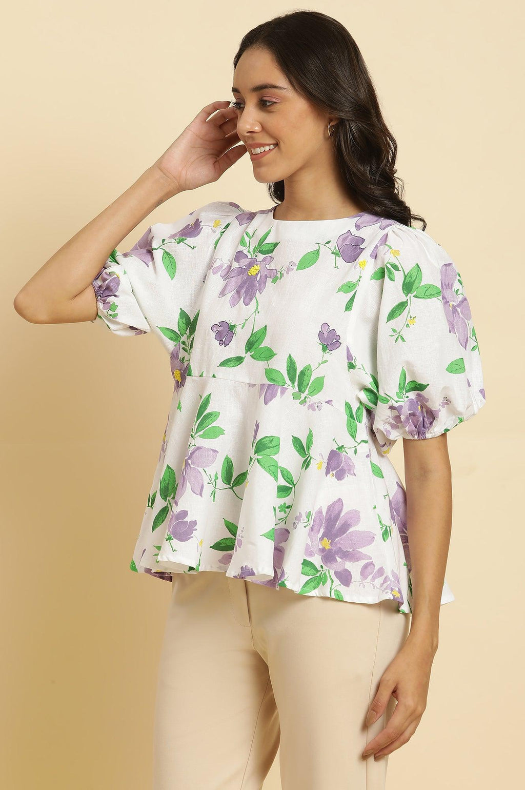 W for Woman Ecru Floral Printed Peplum Top | Grocsy