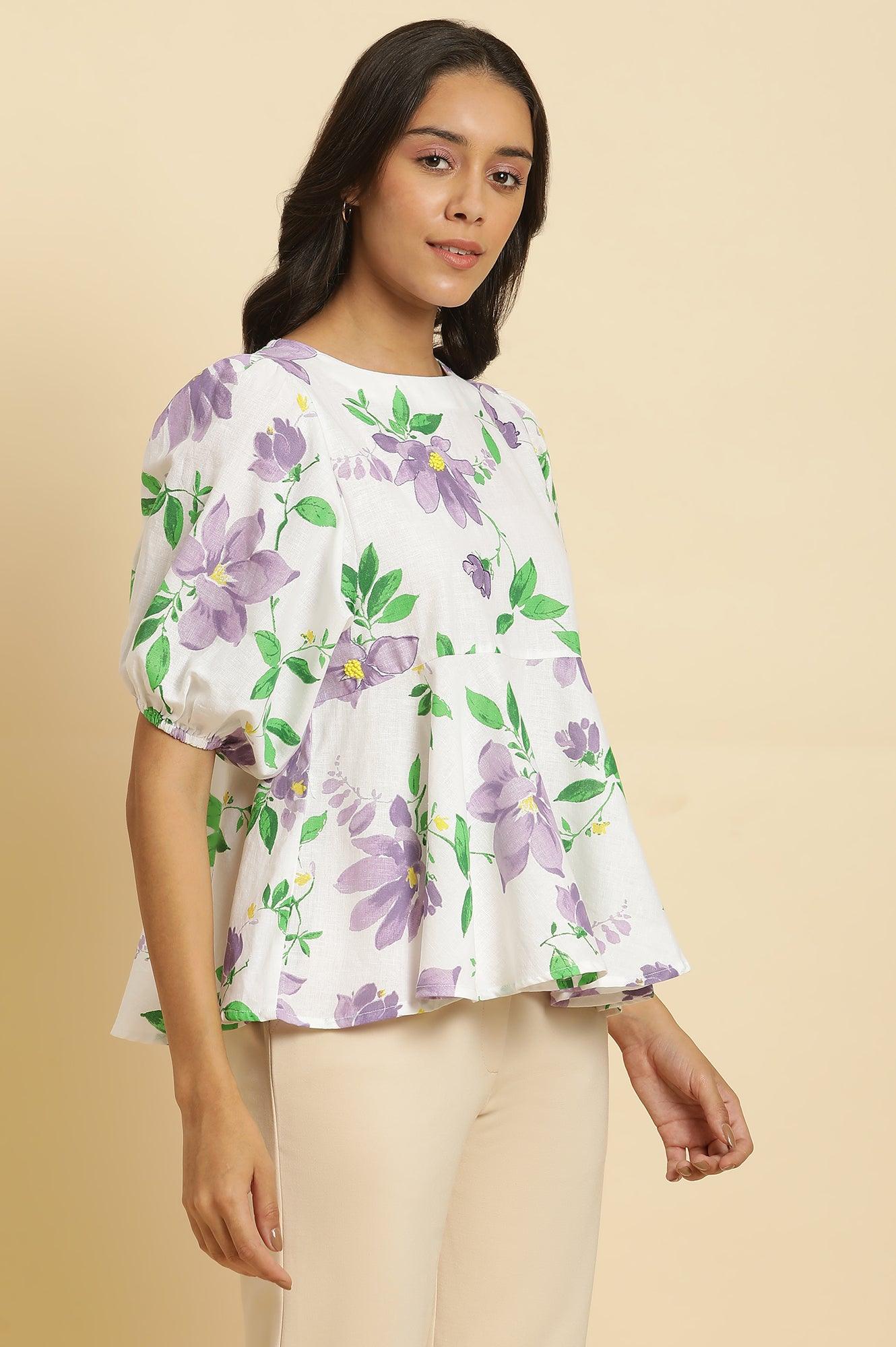 W for Woman Ecru Floral Printed Peplum Top | Grocsy