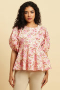 W for Woman White And Pink Floral Printed Flared Top | Grocsy