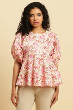 W for Woman White And Pink Floral Printed Flared Top | Grocsy