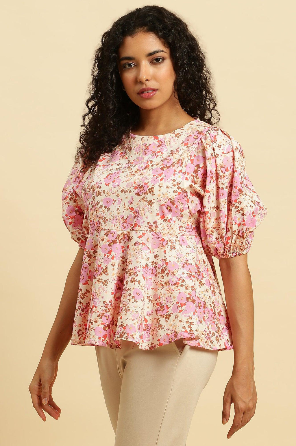 W for Woman White And Pink Floral Printed Flared Top | Grocsy