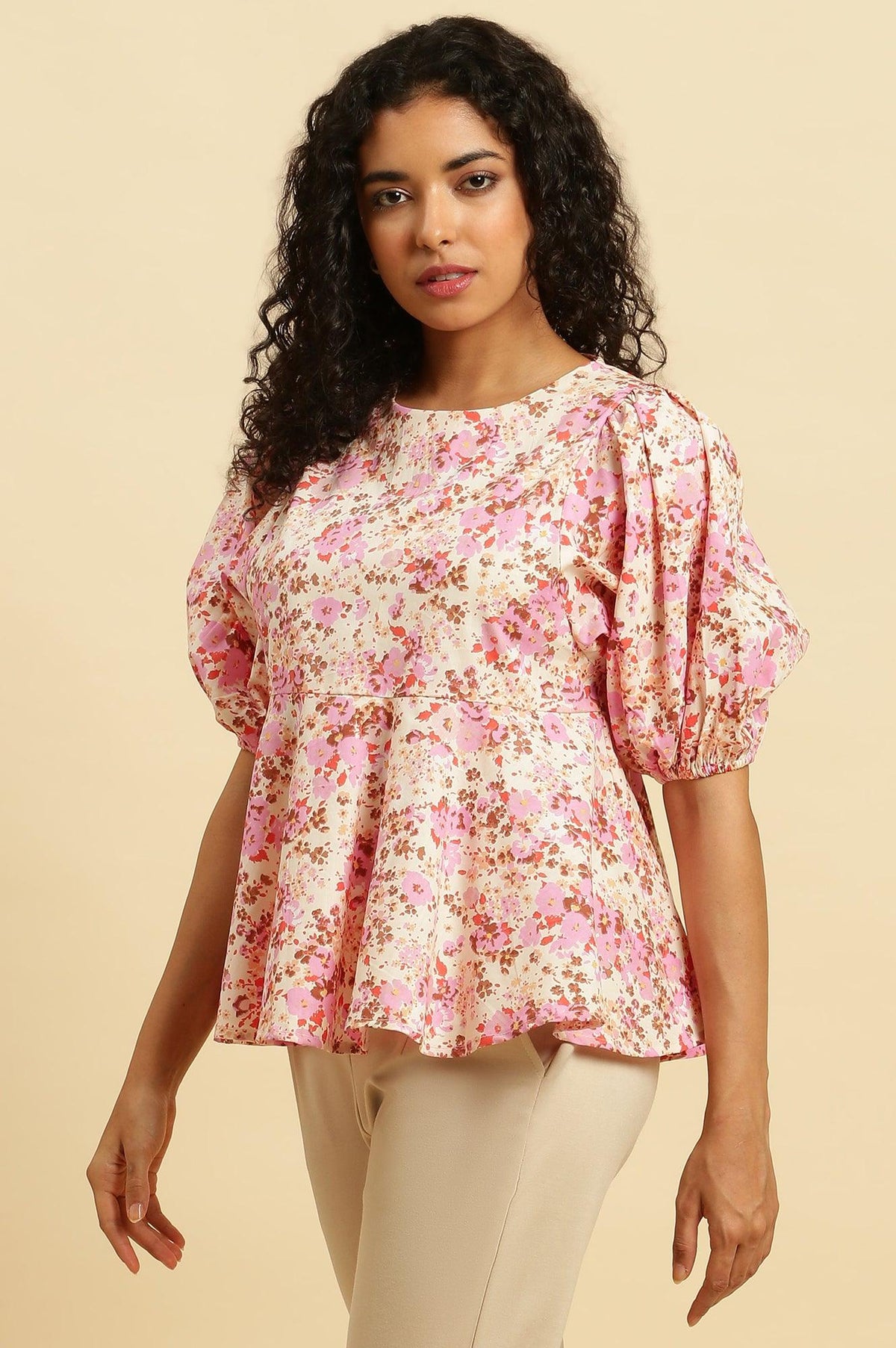 W for Woman White And Pink Floral Printed Flared Top | Grocsy