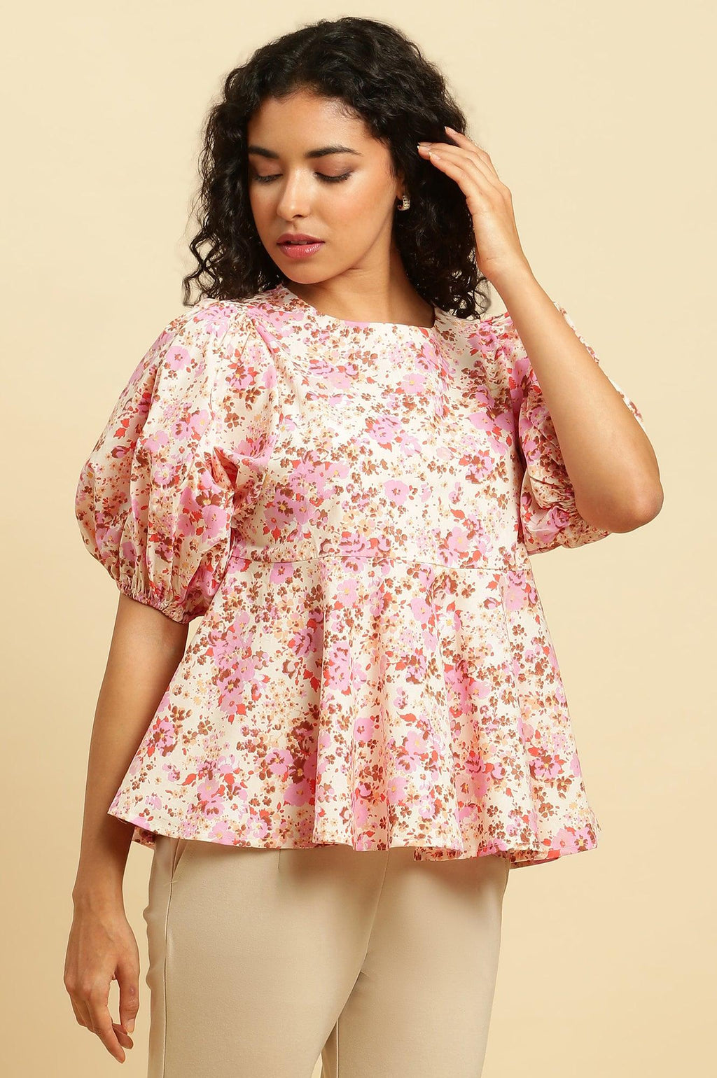 W for Woman White And Pink Floral Printed Flared Top | Grocsy