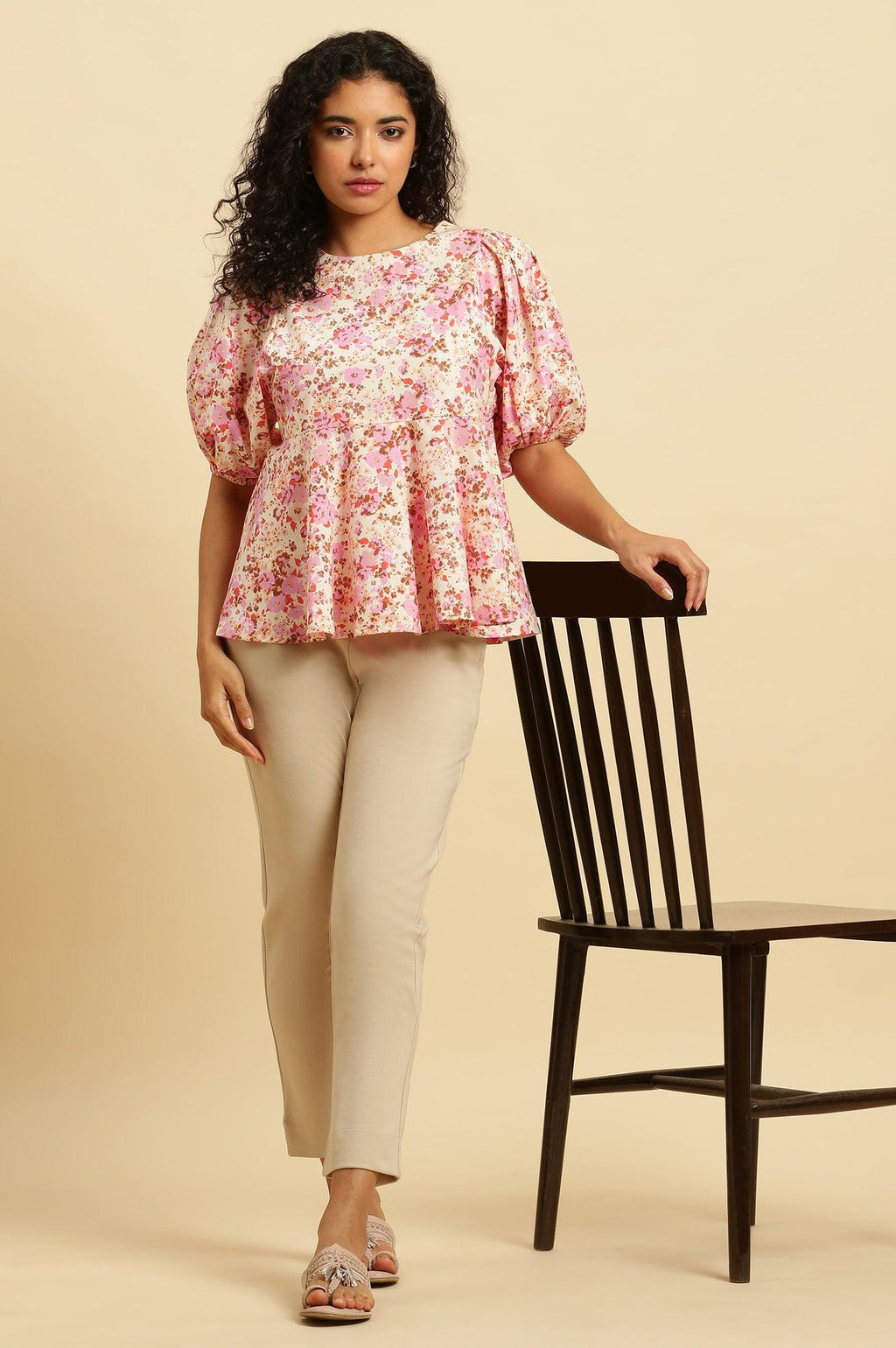 W for Woman White And Pink Floral Printed Flared Top | Grocsy