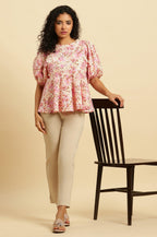 W for Woman White And Pink Floral Printed Flared Top | Grocsy