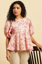 W for Woman White And Pink Floral Printed Flared Top | Grocsy