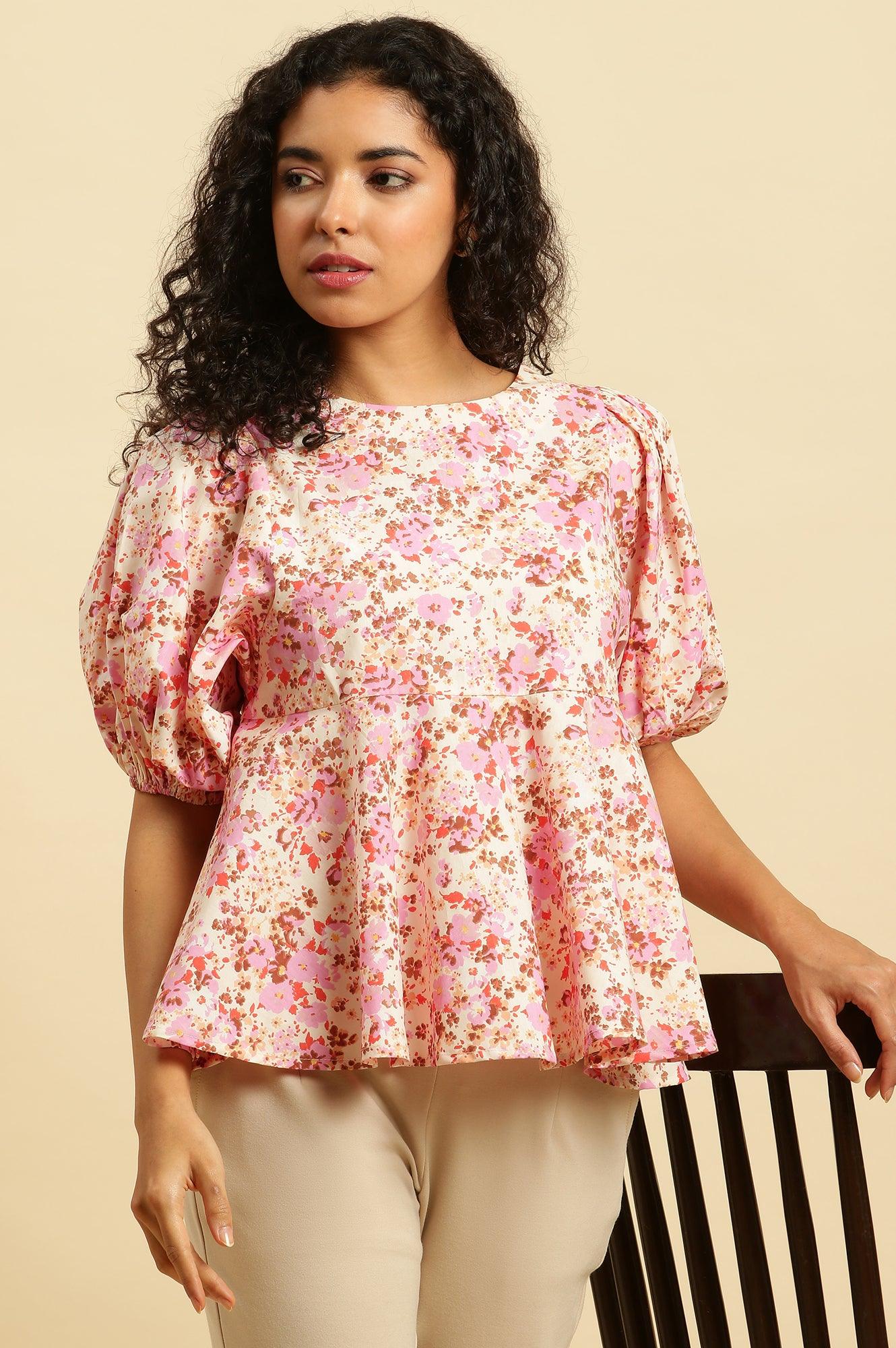 W for Woman White And Pink Floral Printed Flared Top | Grocsy
