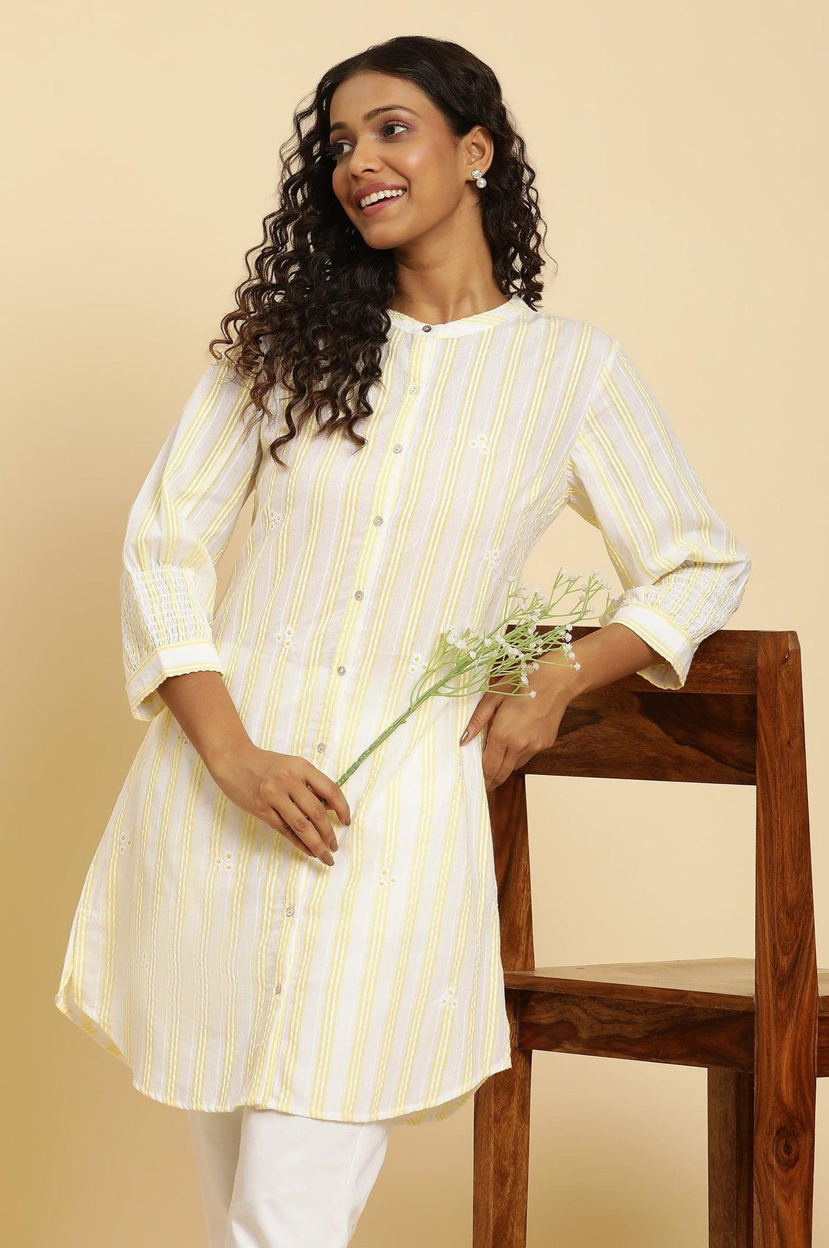W for Woman Ecru Stripe Printed Tunic With Floral Thread Embroidery | Grocsy