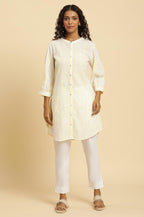 W for Woman Ecru Stripe Printed Tunic With Floral Thread Embroidery | Grocsy