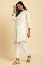 W for Woman Ecru Stripe Printed Tunic With Floral Thread Embroidery | Grocsy